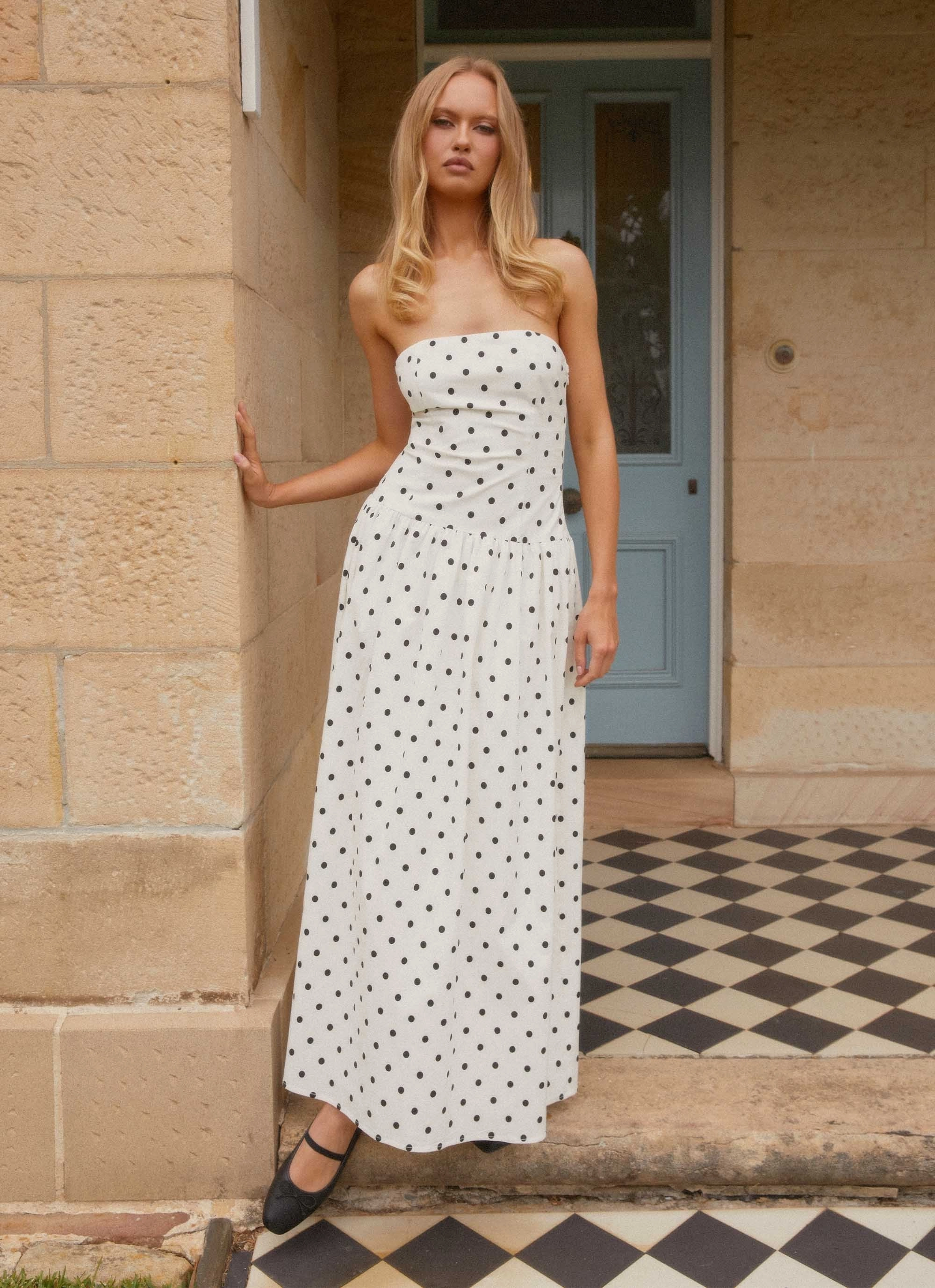 Andorra Maxi Dress - White Polkadot Feminine Vibe