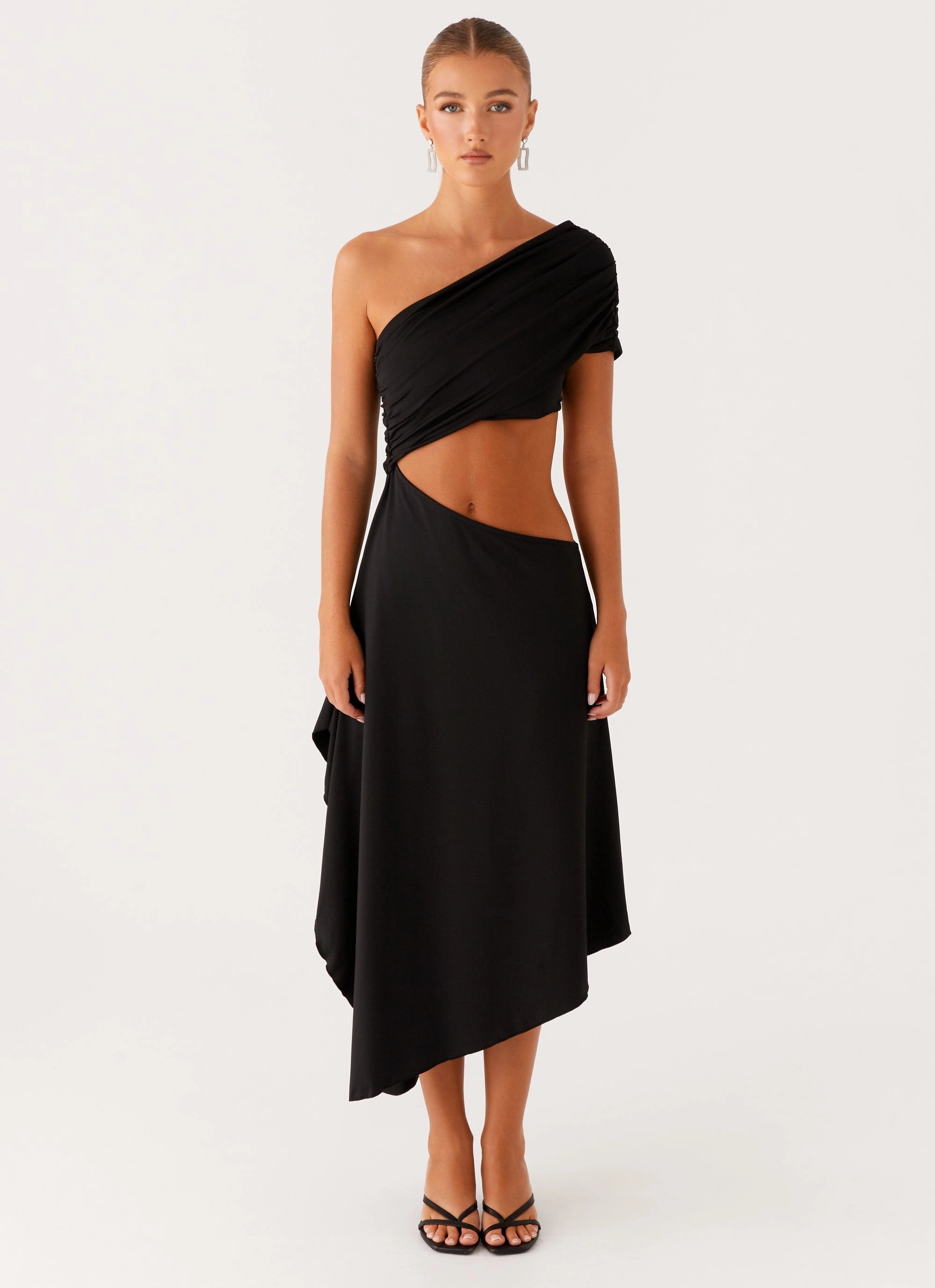 Angelina Asym Midi Dress - Black Timeless office dress Versatile Style