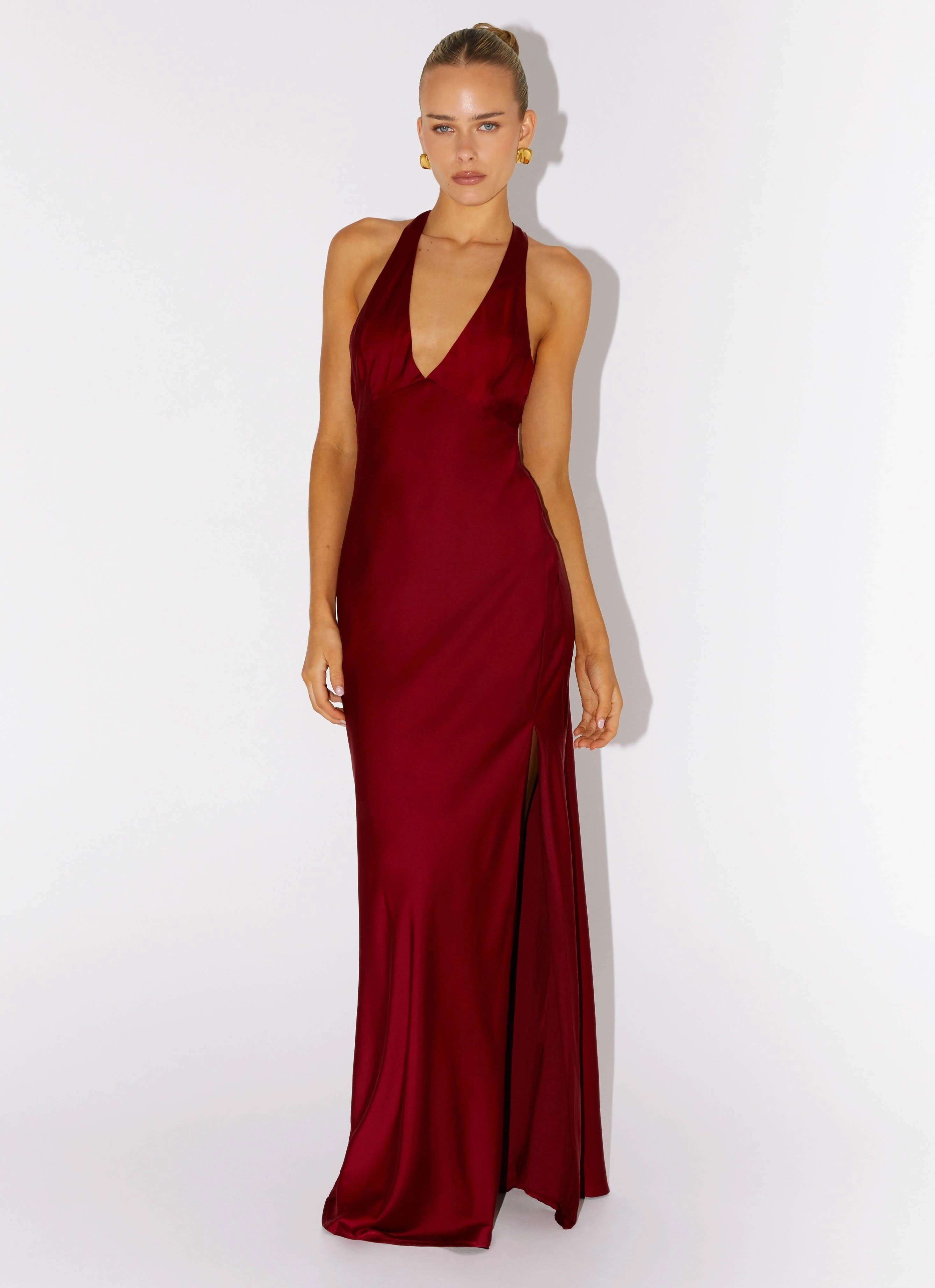 Angie Maxi Dress - Burgundy Side-Slit Fashionable Look