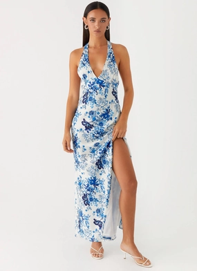 Angie Maxi Dress - Serene Sky Floral Chic Tailoring Design