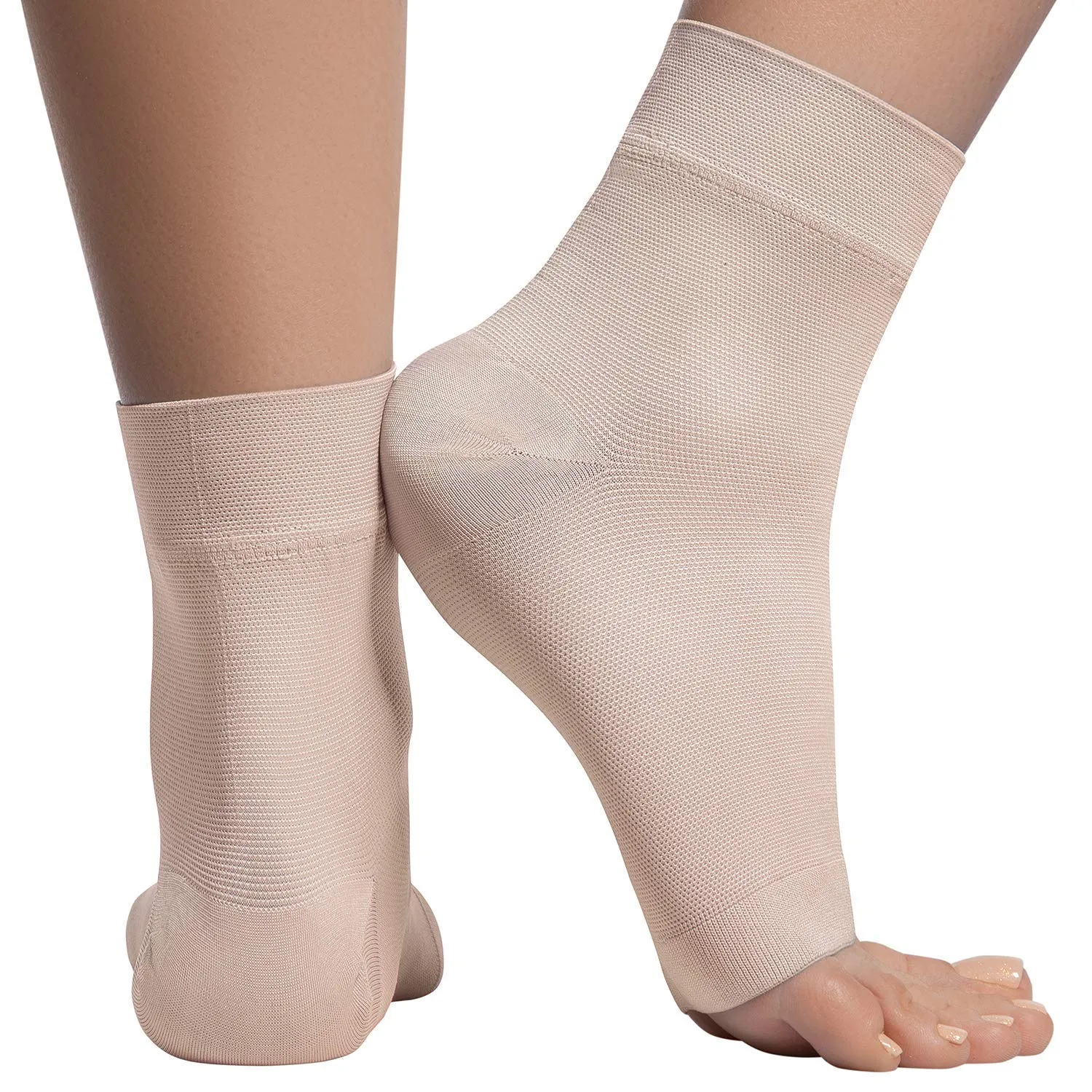 Ankle Compression Sleeve - 20-30mmhg Open Toe Сompression Socks for Swelling, Plantar Fasciitis, Sprain, Neuropathy - Nano Brace for Women and Men Beige Large