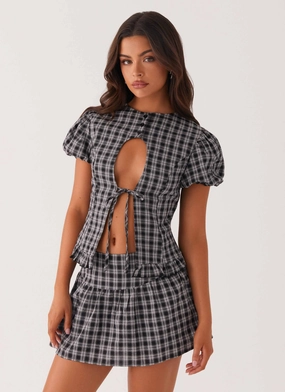 Ribbed Collar Design Reinforced Stress Points Annie Puff Sleeve Top - White Black Check
