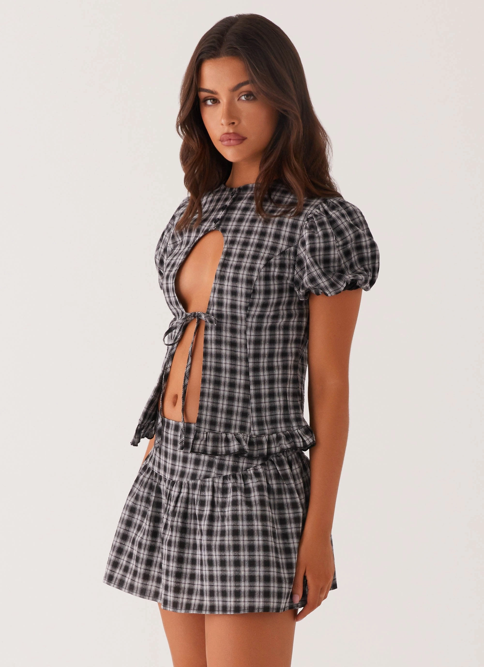 MoistureWickingTechnology Slim Fit Shirt Annie Puff Sleeve Top - White Black Check