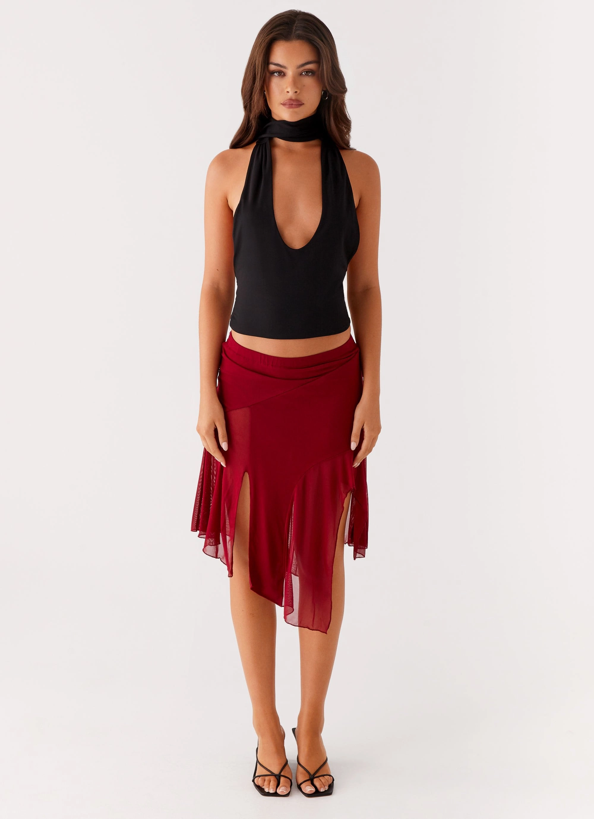 Anthea Mesh Midi Skirt - Red Recyclable Fabric Blend No Chafe