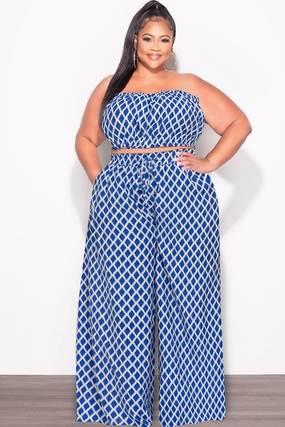 Final Sale Plus Size 2pc Strapless Crop Top and Flare Pants Set In Royal Blue & White Print Casual Stretch Wear High Rise