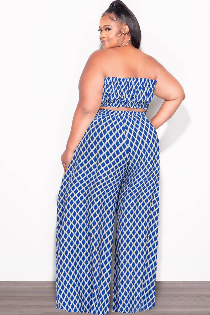 Flexible Material Final Sale Plus Size 2pc Strapless Crop Top and Flare Pants Set In Royal Blue & White Print