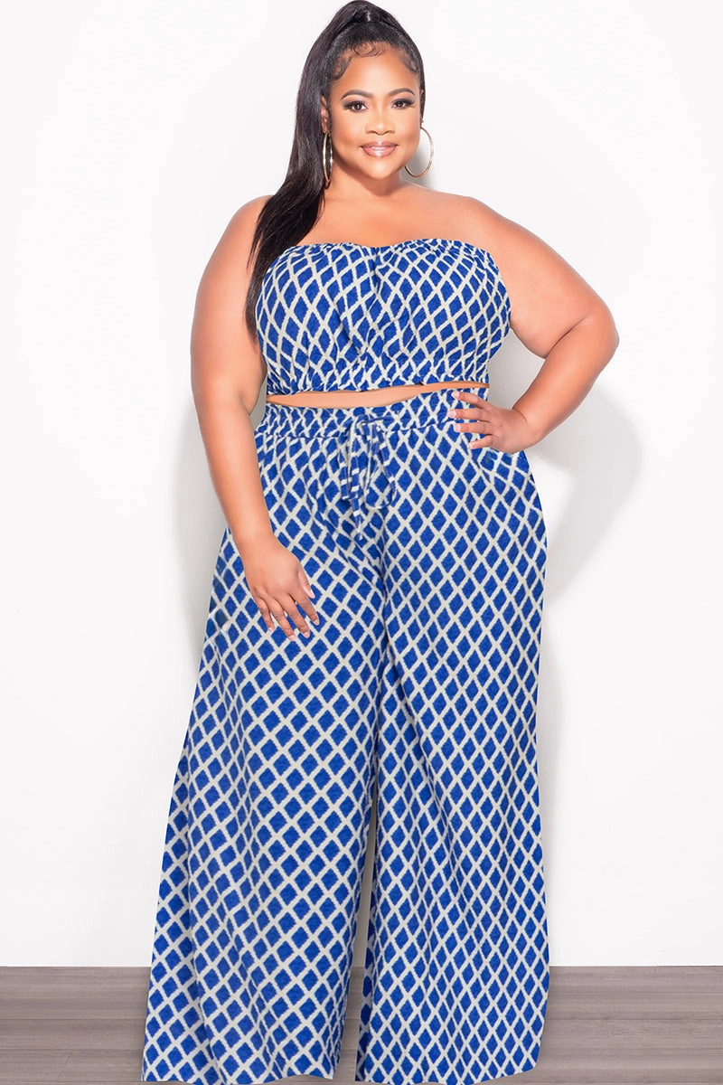 Quick Conversion Hem Final Sale Plus Size 2pc Strapless Crop Top and Flare Pants Set In Royal Blue & White Print