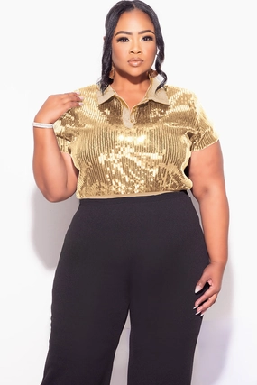 Final Sale Plus Size Collar Sequin Top in Gold Smooth Interior Lining LowImpact Manufacturing