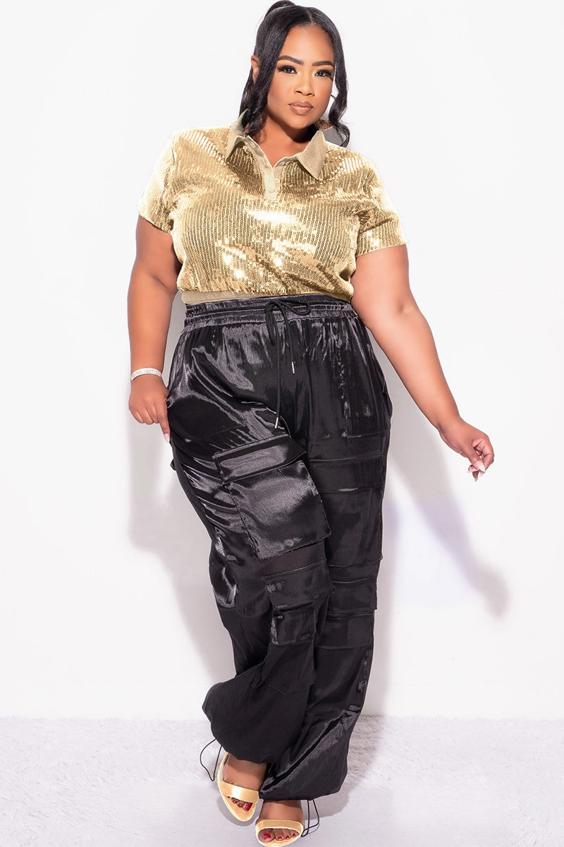 Final Sale Plus Size Collar Sequin Top in Gold VentedBack
