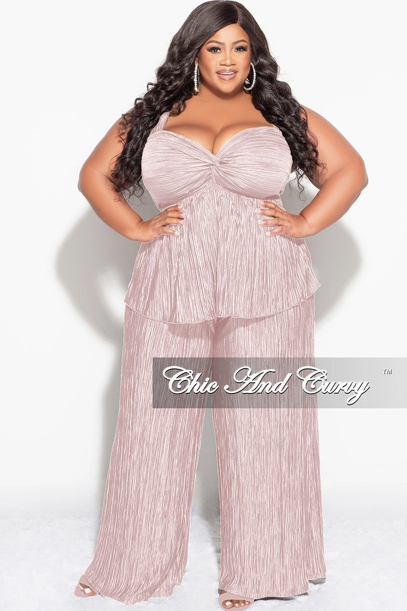 Final Sale Plus Size Sleeveless Pleated Peplum Top and Palazzo Pants Set in Tan Durable Hemming