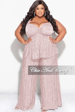 Final Sale Plus Size Sleeveless Pleated Peplum Top and Palazzo Pants Set in Tan Multi Use