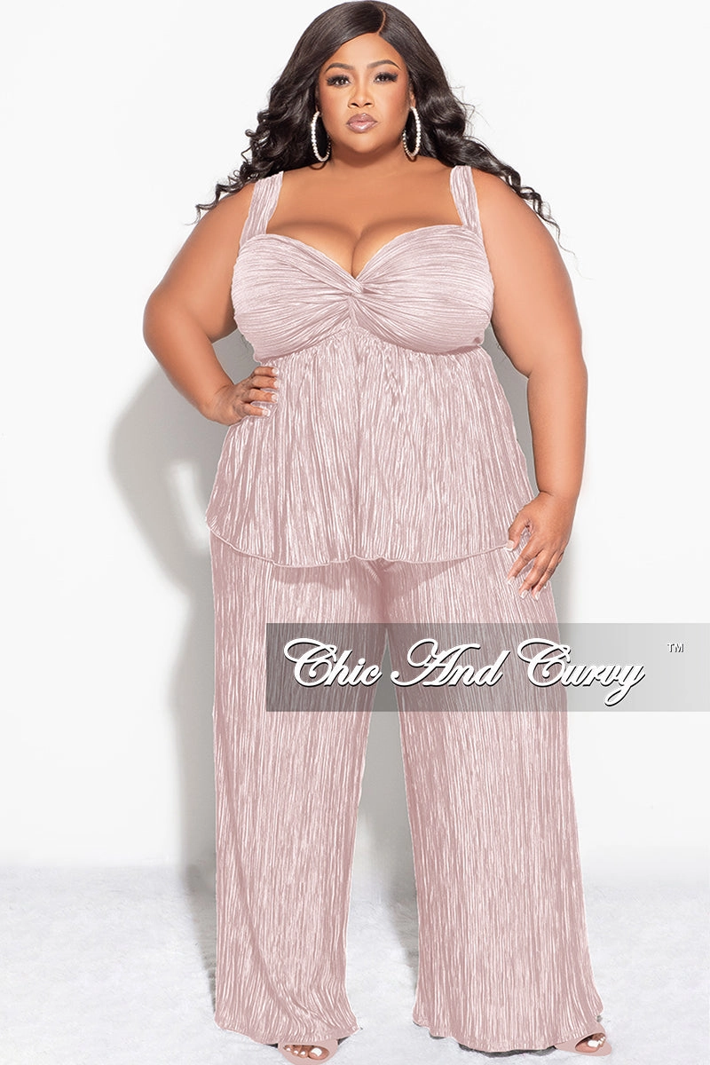 OdorResistantFinish Non Restrictive Final Sale Plus Size Sleeveless Pleated Peplum Top and Palazzo Pants Set in Tan