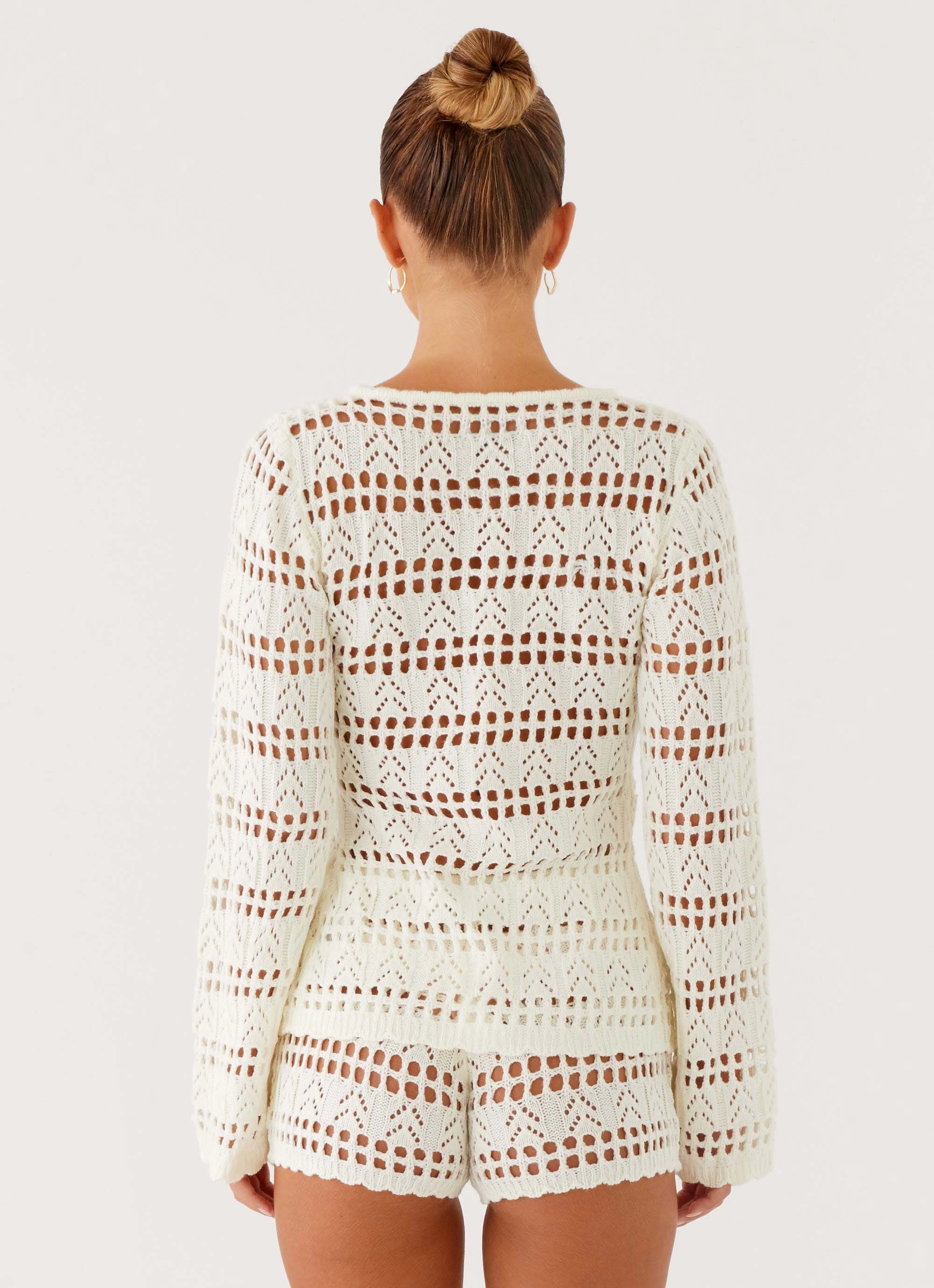 AdjustableHemCuffs Baylock Crochet Long Sleeve Top - White