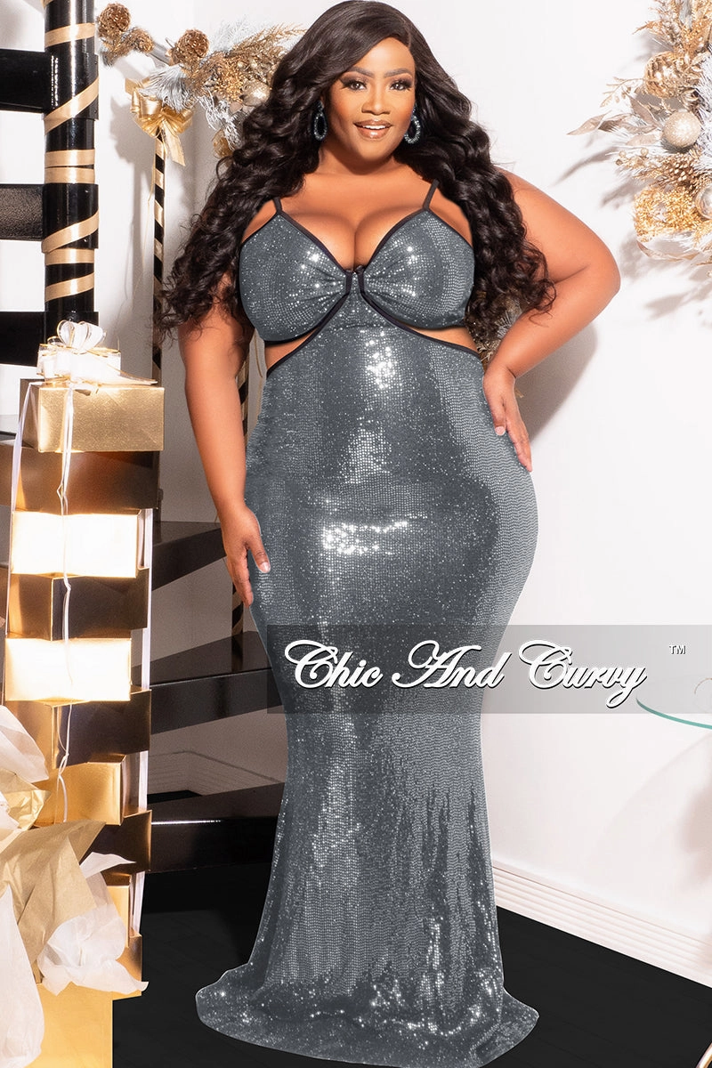 RubberizedGrip Two Tone Texture Effect Final Sale Plus Size Spaghetti Strap Faux Sequin Gown with Cut Outs in Silver