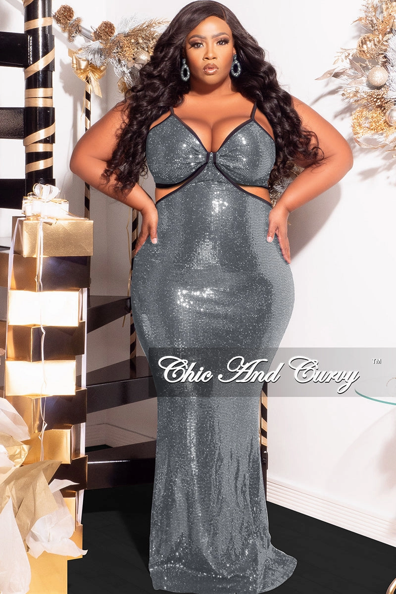 Final Sale Plus Size Spaghetti Strap Faux Sequin Gown with Cut Outs in Silver Minimalist Cuff