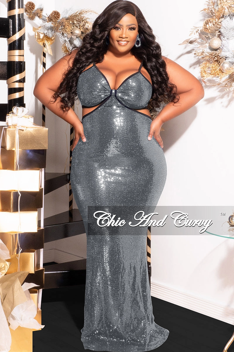 Final Sale Plus Size Spaghetti Strap Faux Sequin Gown with Cut Outs in Silver Stretch Technology Ultraviolet Protection Fabric