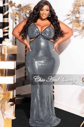 Final Sale Plus Size Spaghetti Strap Faux Sequin Gown with Cut Outs in Silver Stretch Technology Ultraviolet Protection Fabric