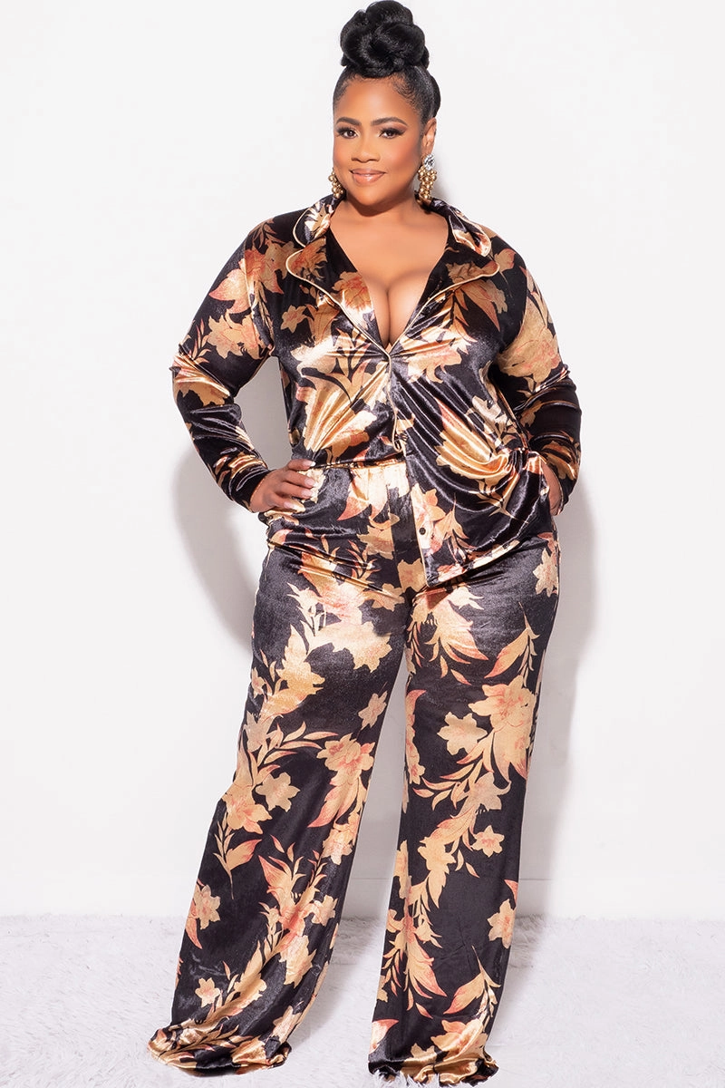 Final Sale Plus Size 2pc Silky Velvet Lounge Set in Black Floral Print Easy Access SecureClosureSystem
