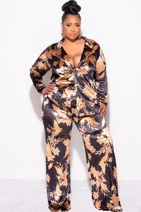Final Sale Plus Size 2pc Silky Velvet Lounge Set in Black Floral Print All terrain