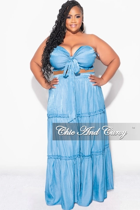 Final Sale Plus Size 2pc Strapless Crop Top and Maxi Skirt Set in Denim Chill Comfort Wear Smart Wear