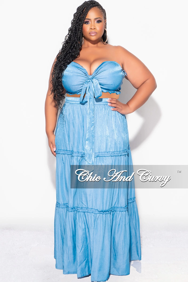 HypoallergenicMaterial Final Sale Plus Size 2pc Strapless Crop Top and Maxi Skirt Set in Denim