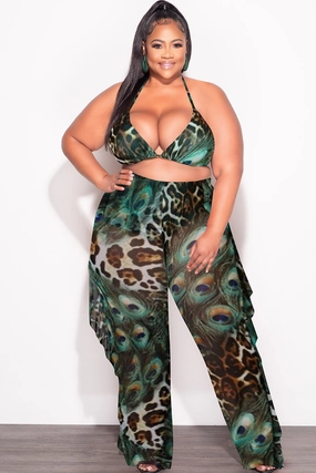 Final Sale Plus Size 3pc Poolside Playsuit Set (Top, High Waist Bottoms & Sheer Ruffle Pants) in Mix Animal Print Comfort-First Smart Look