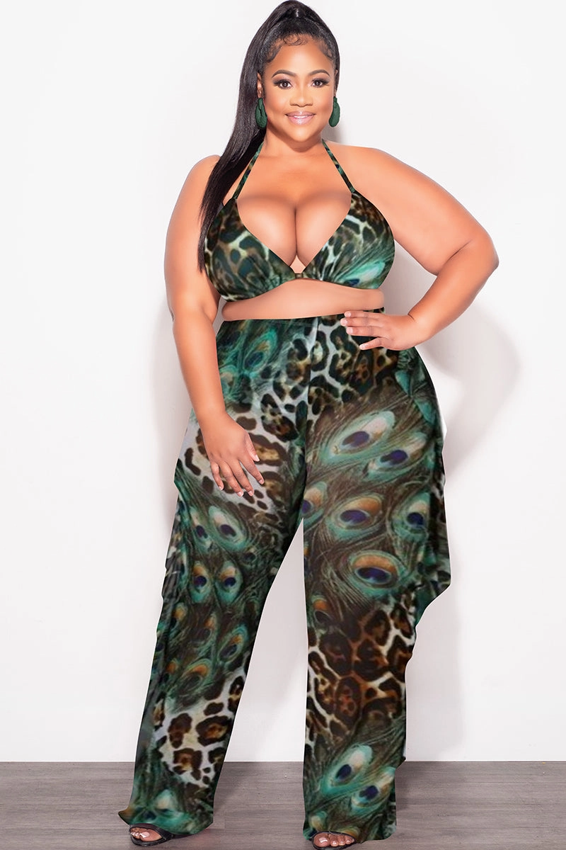 Fit Freedom Final Sale Plus Size 3pc Poolside Playsuit Set (Top, High Waist Bottoms & Sheer Ruffle Pants) in Mix Animal Print