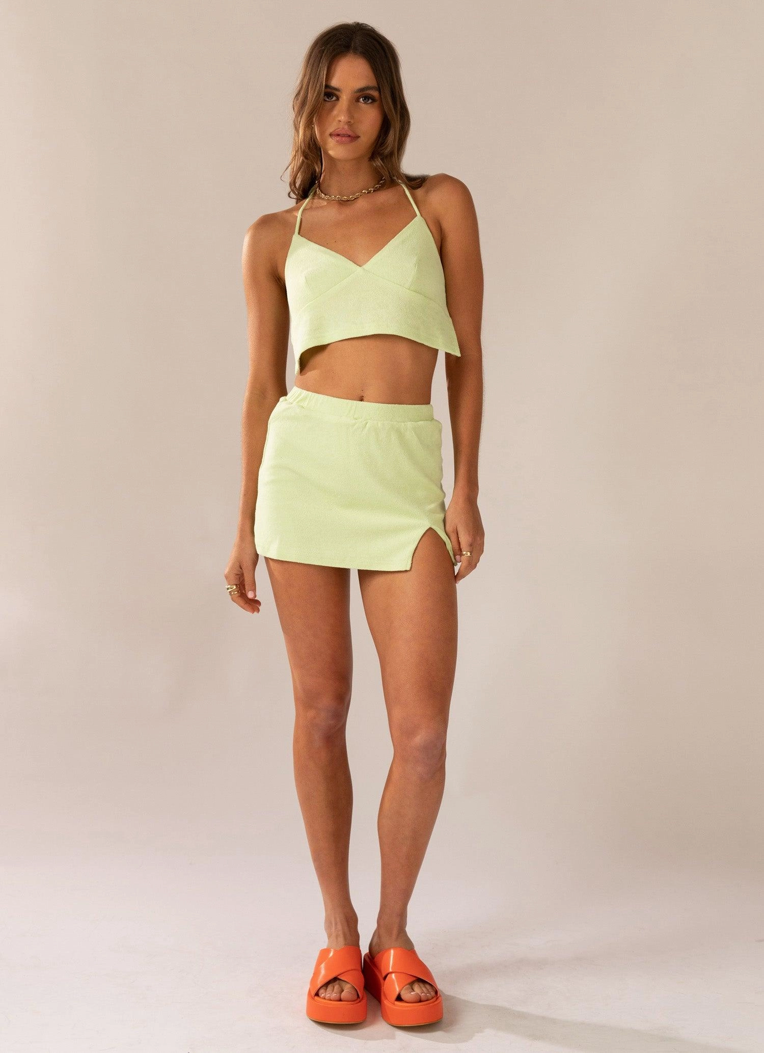 Changing Seasons Terry Mini Skirt - Lime Green Commuter Ready Slim Profile