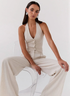 Ambrosa Halterneck Linen Vest - Oatmeal AllDayComfort
