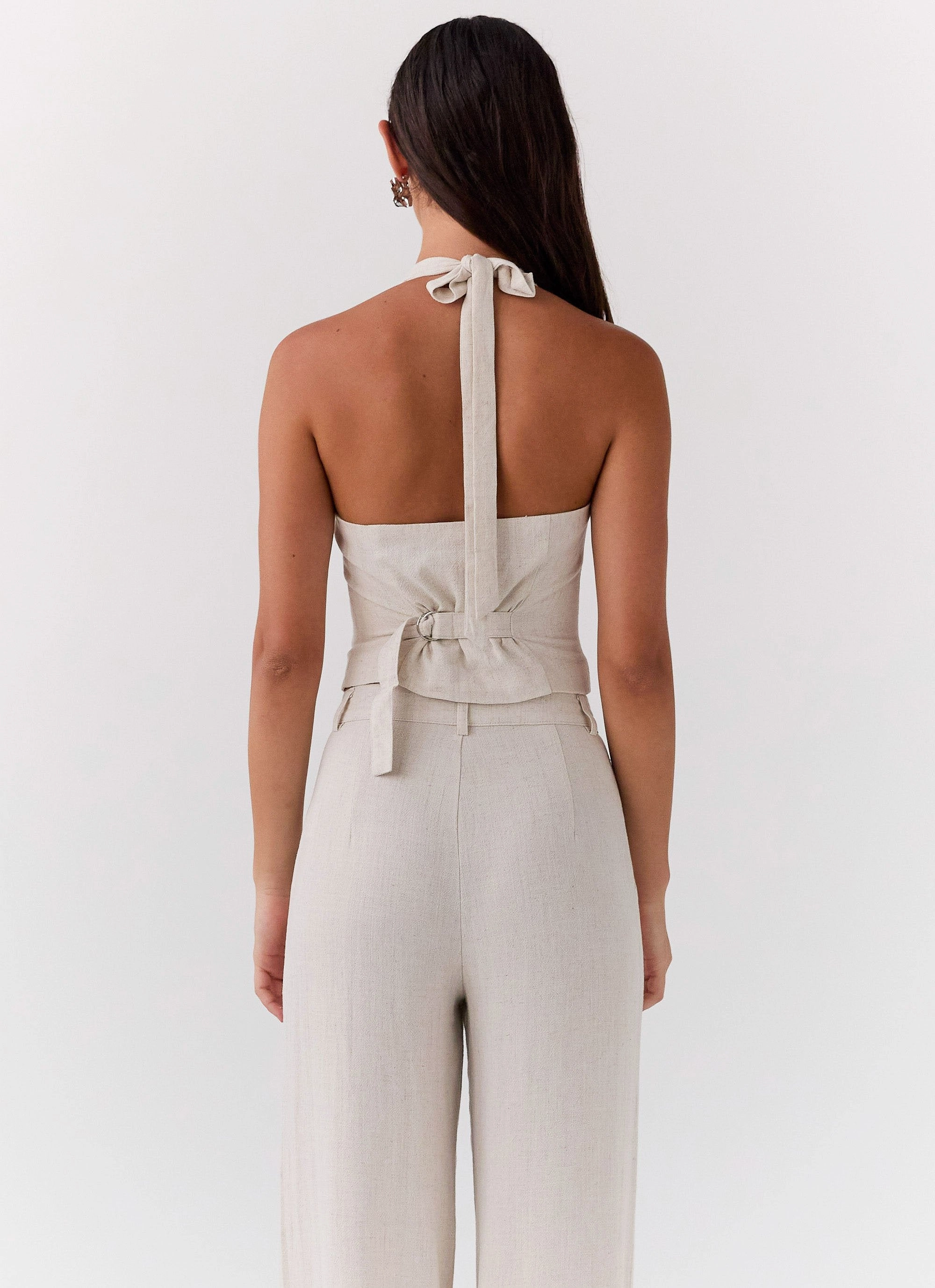 Non Restrictive Cut Ambrosa Halterneck Linen Vest - Oatmeal