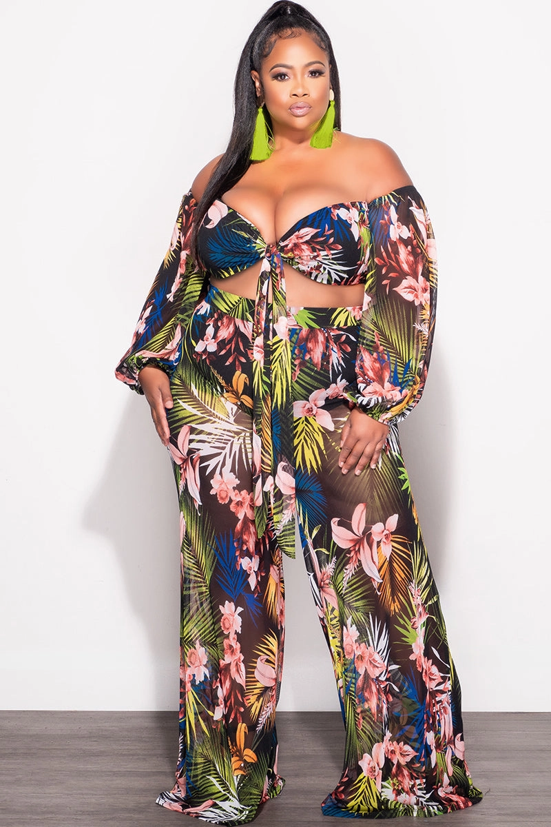 Static free Final Sale Plus Size 2 Piece Mesh Set with Off the Shoulder Top & Pants Tropical Print