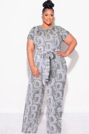 Final Sale Plus Size 2pc Crop Tie Top and Pants Set in Grey & Pink Flexible Cut