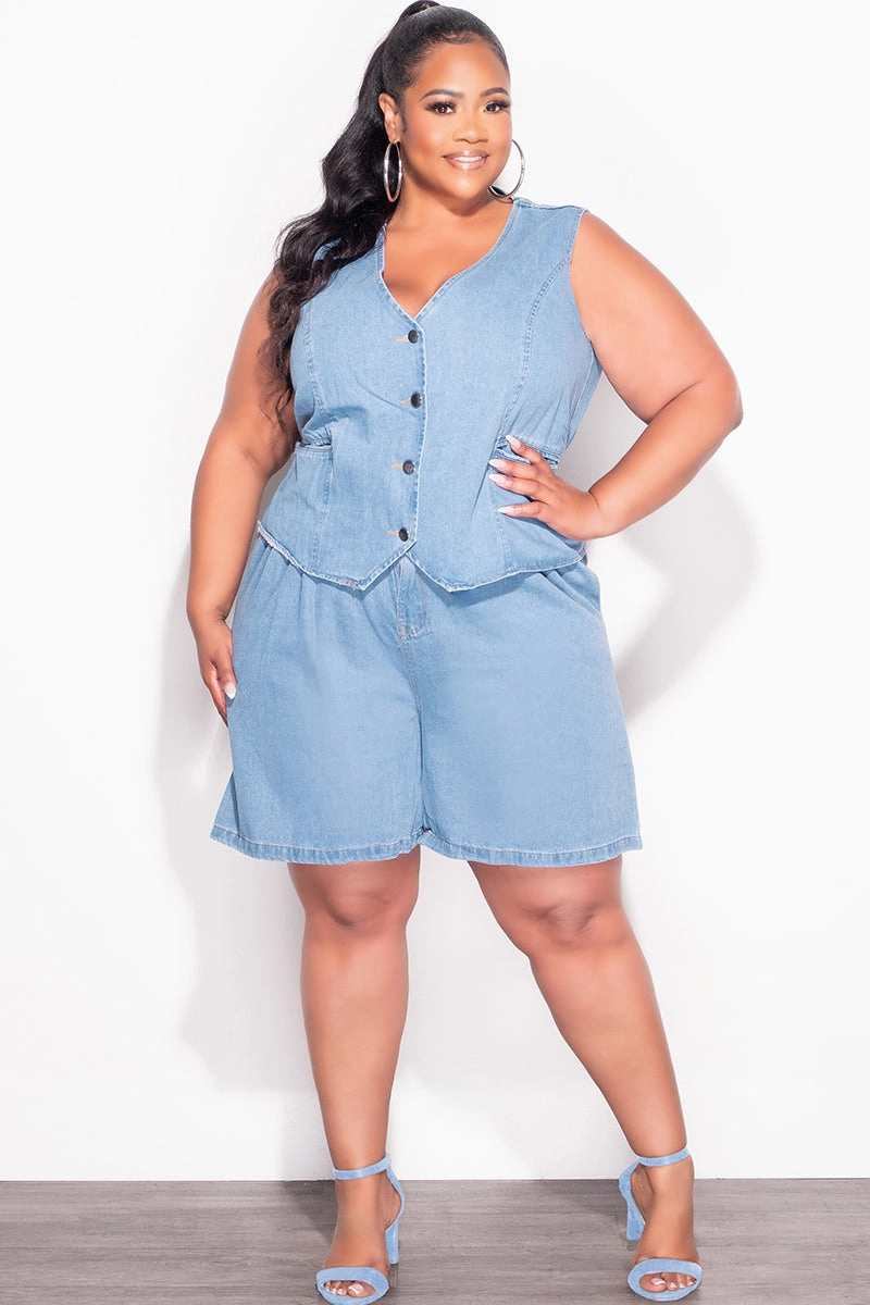 Final Sale Plus Size 2pc Sleeveless Blazer Vest Short Set in Denim Versatile Wearable