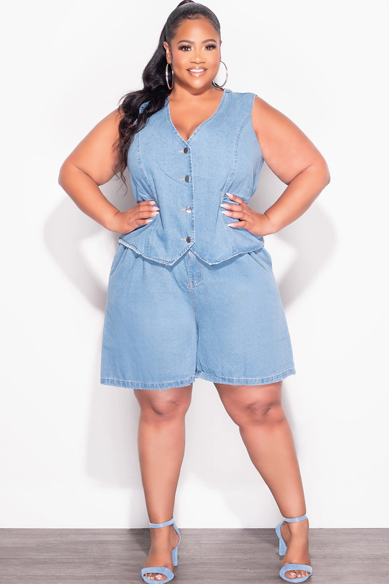 Final Sale Plus Size 2pc Sleeveless Blazer Vest Short Set in Denim Soft and Cozy