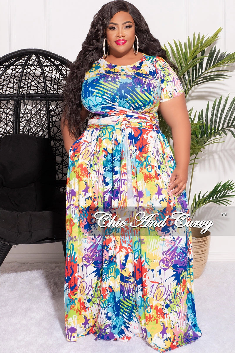 Final Sale Size 2pc Tie Top Maxi Skirt Set in Multi-Color Graffiti Print Flex Wear