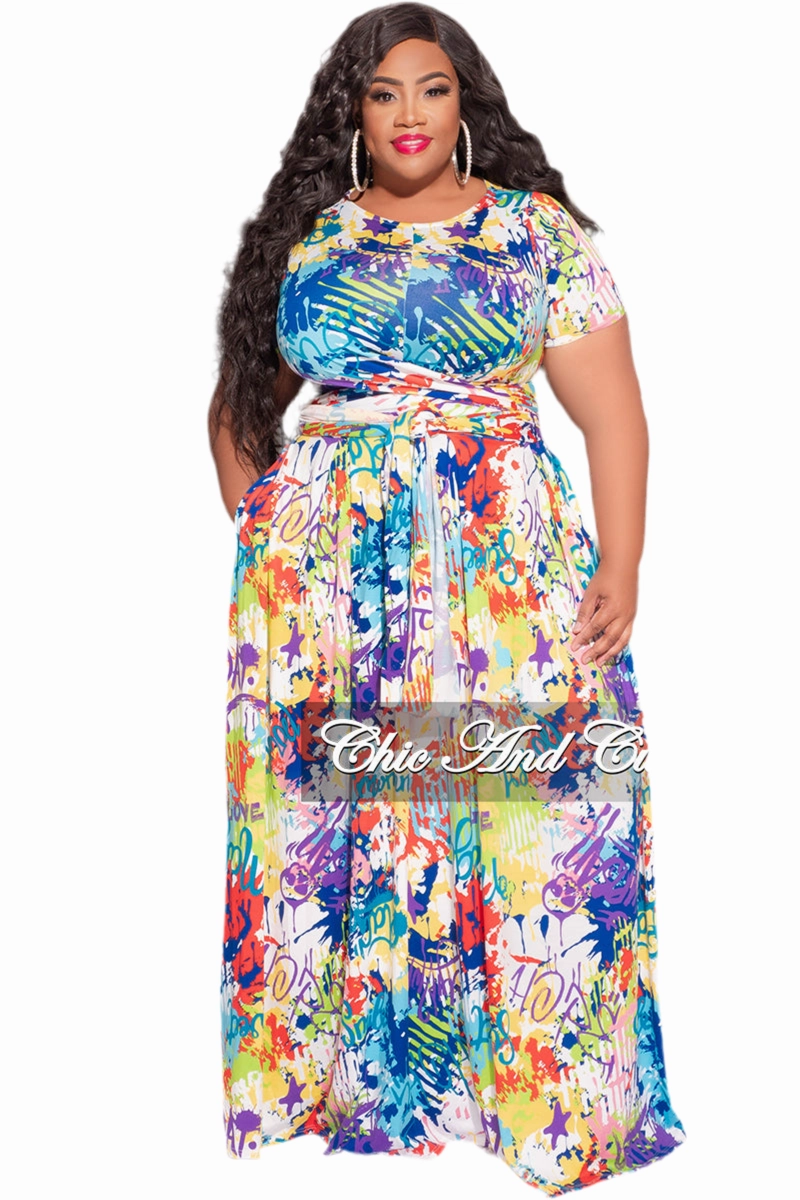 Final Sale Size 2pc Tie Top Maxi Skirt Set in Multi-Color Graffiti Print Body Fit