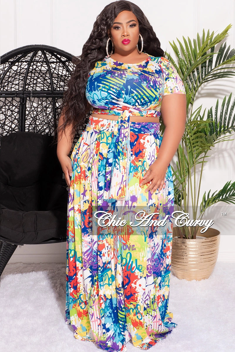 Final Sale Size 2pc Tie Top Maxi Skirt Set in Multi-Color Graffiti Print Tagless Design