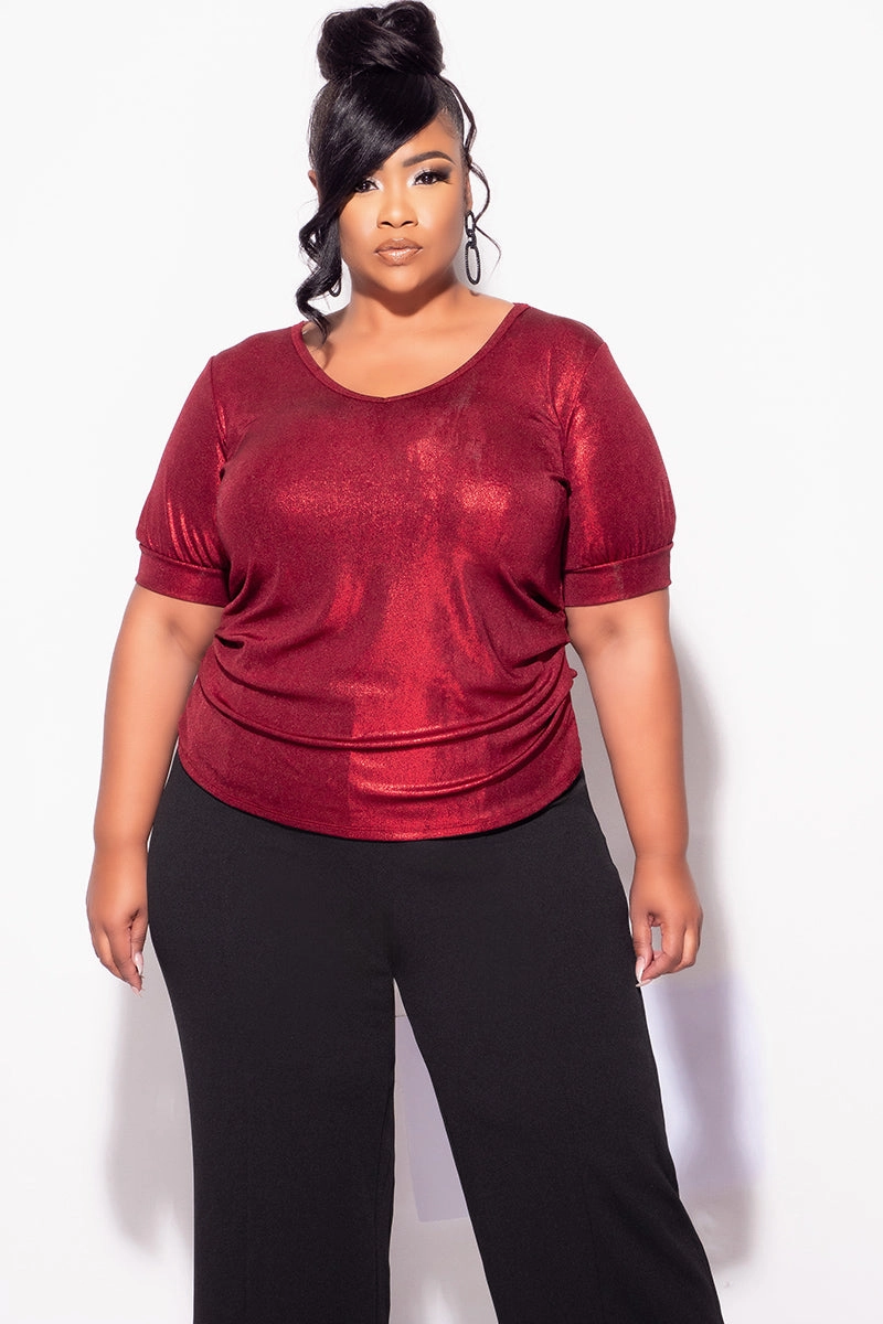 Final Sale Plus Size Blouse in Metallic Red Four Way Stretch Fabric