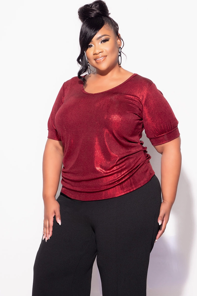 AntiPill Finish ElasticTrimming Final Sale Plus Size Blouse in Metallic Red