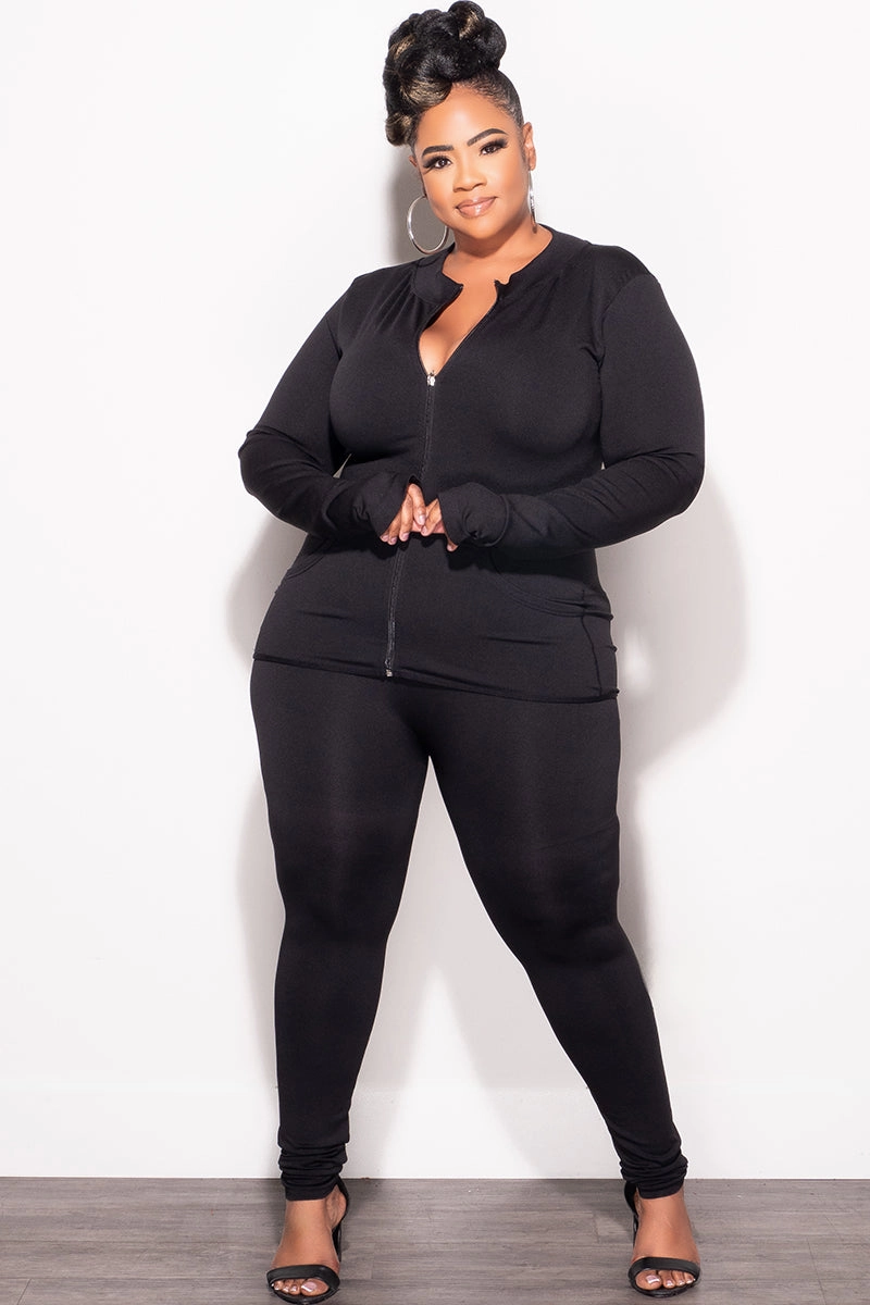 Final Sale Plus Size 2pc Zip-Up Jacket and Legging Set in Black Seamless Fabric ReflectiveAccentDetails Flex Movement
