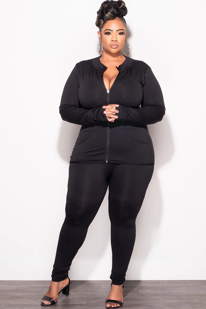 Final Sale Plus Size 2pc Zip-Up Jacket and Legging Set in Black Seamless Fabric Flexible Seam Casual Vibe