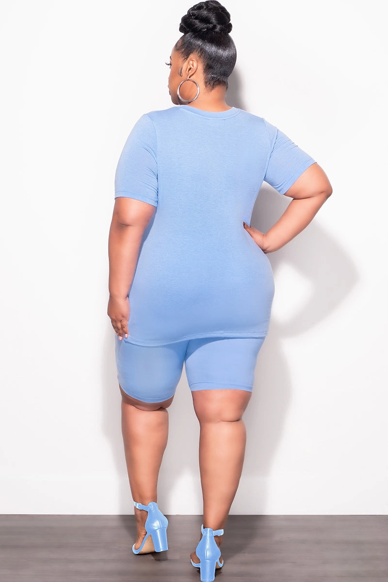 AdjustableDrawstring Final Sale Plus Size Top and Short Set in Baby Blue