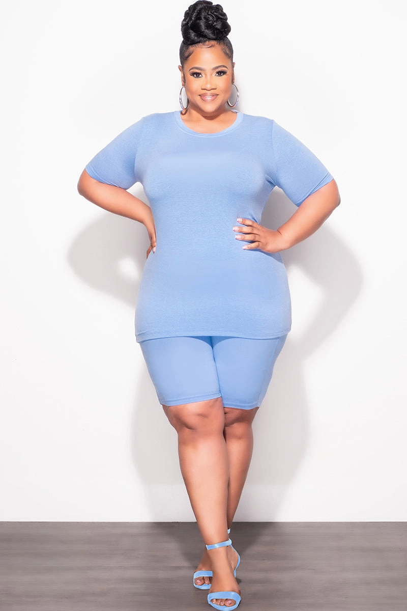 Final Sale Plus Size Top and Short Set in Baby Blue Core Cut Flattering Comfort Wear