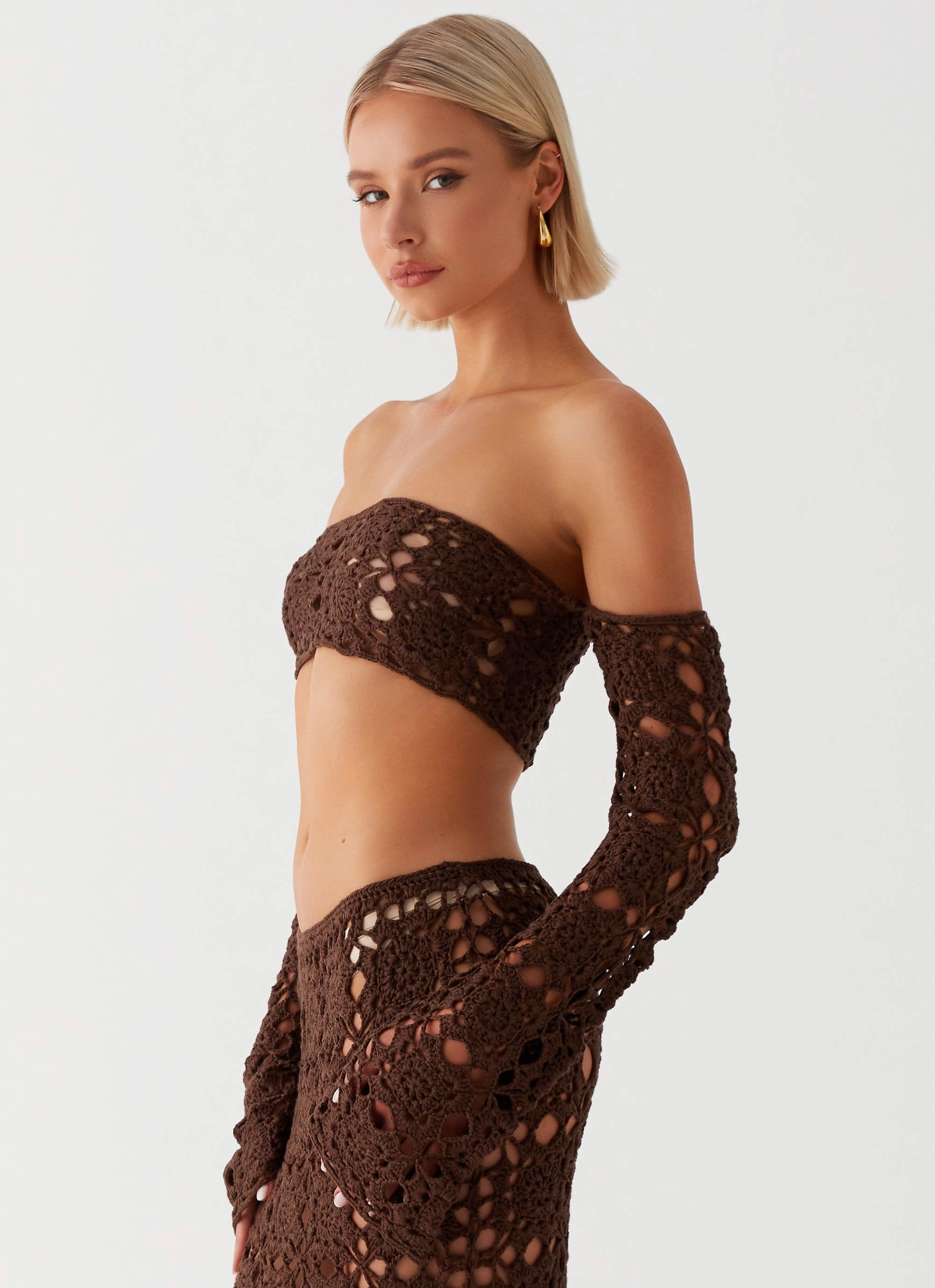 Sorrentino Crochet Long Sleeve Top - Chocolate FlexibleNeckline Recycled Polyester Material