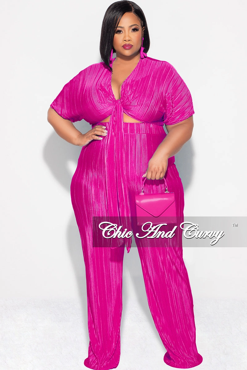 Final Sale Plus Size 2pc Pleated Top and Pants Set in Fuchsia Cooling Fabric Weather Flex