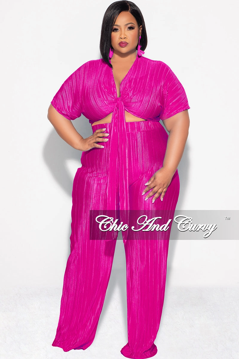 SturdyBeltLoops Easy Wear Final Sale Plus Size 2pc Pleated Top and Pants Set in Fuchsia