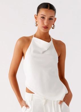 Double Needle Hemming Delong Backless Linen Top - White