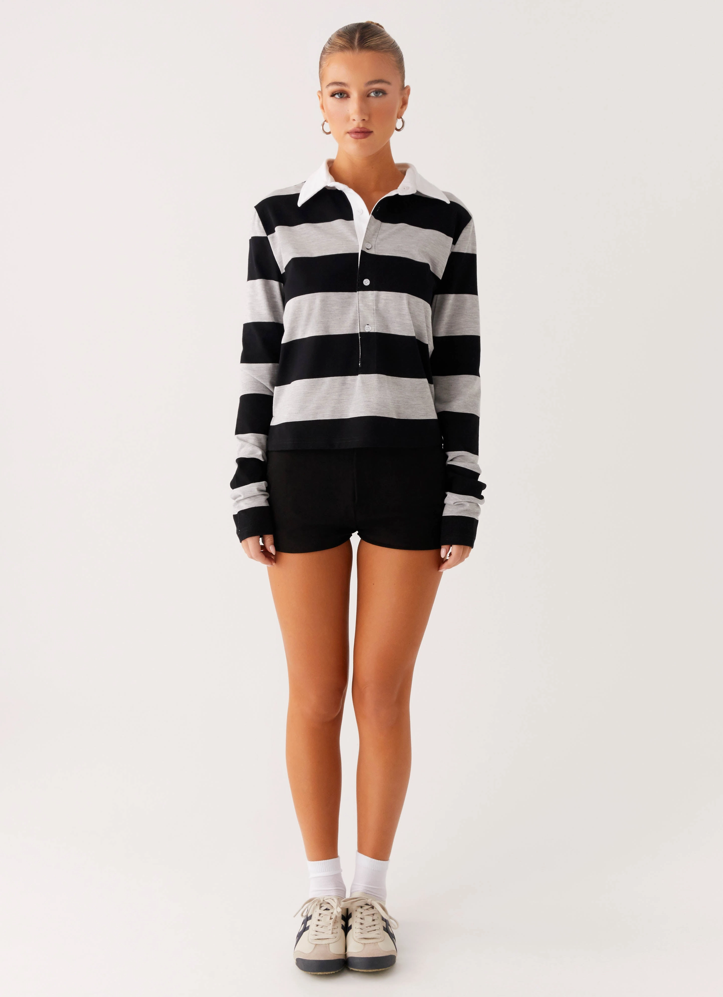 Relaxed Look Beckett Polo Top - Grey Black Stripe