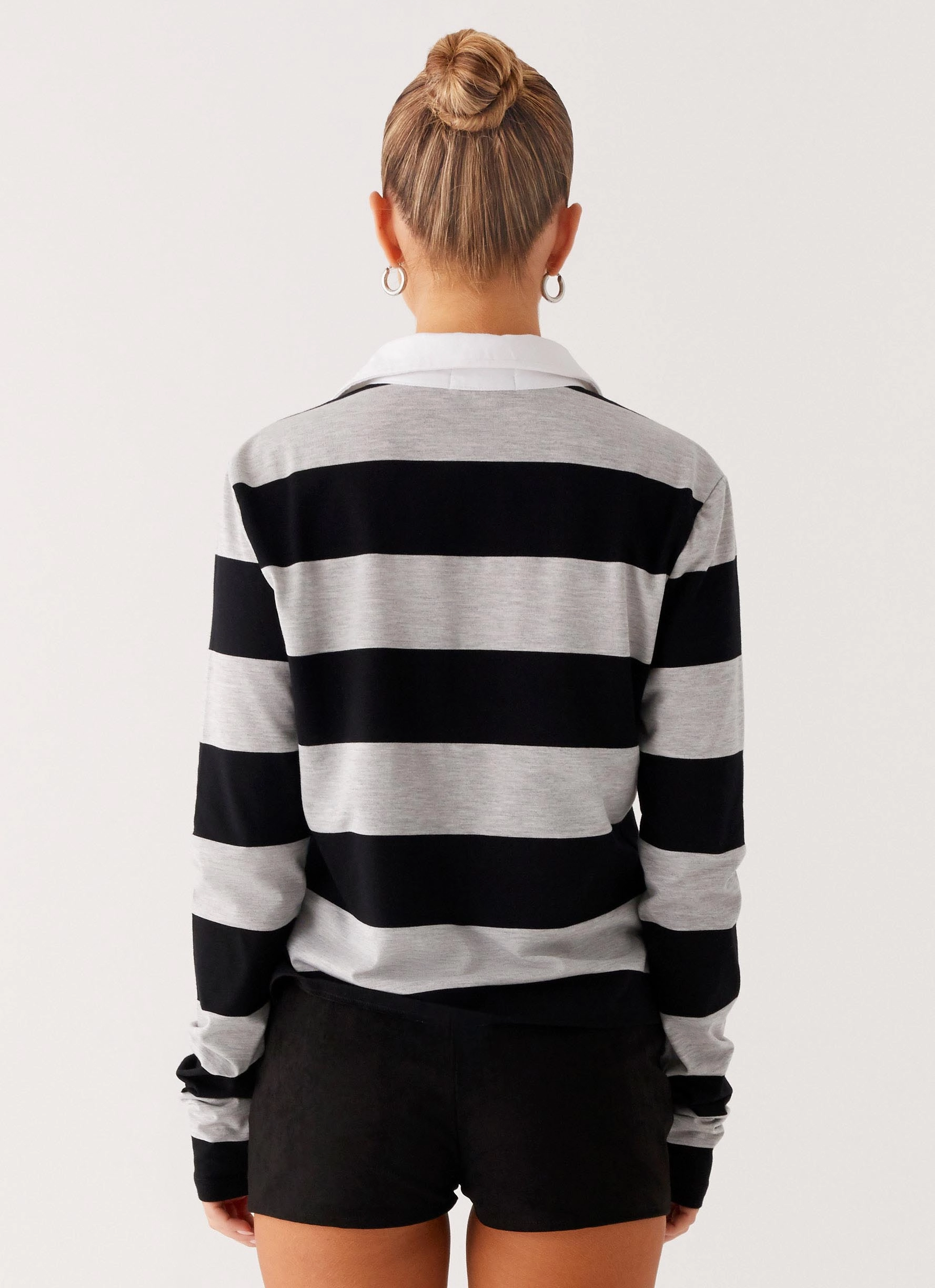 Beckett Polo Top - Grey Black Stripe Adjustable Hemline Modular Pocket Layout