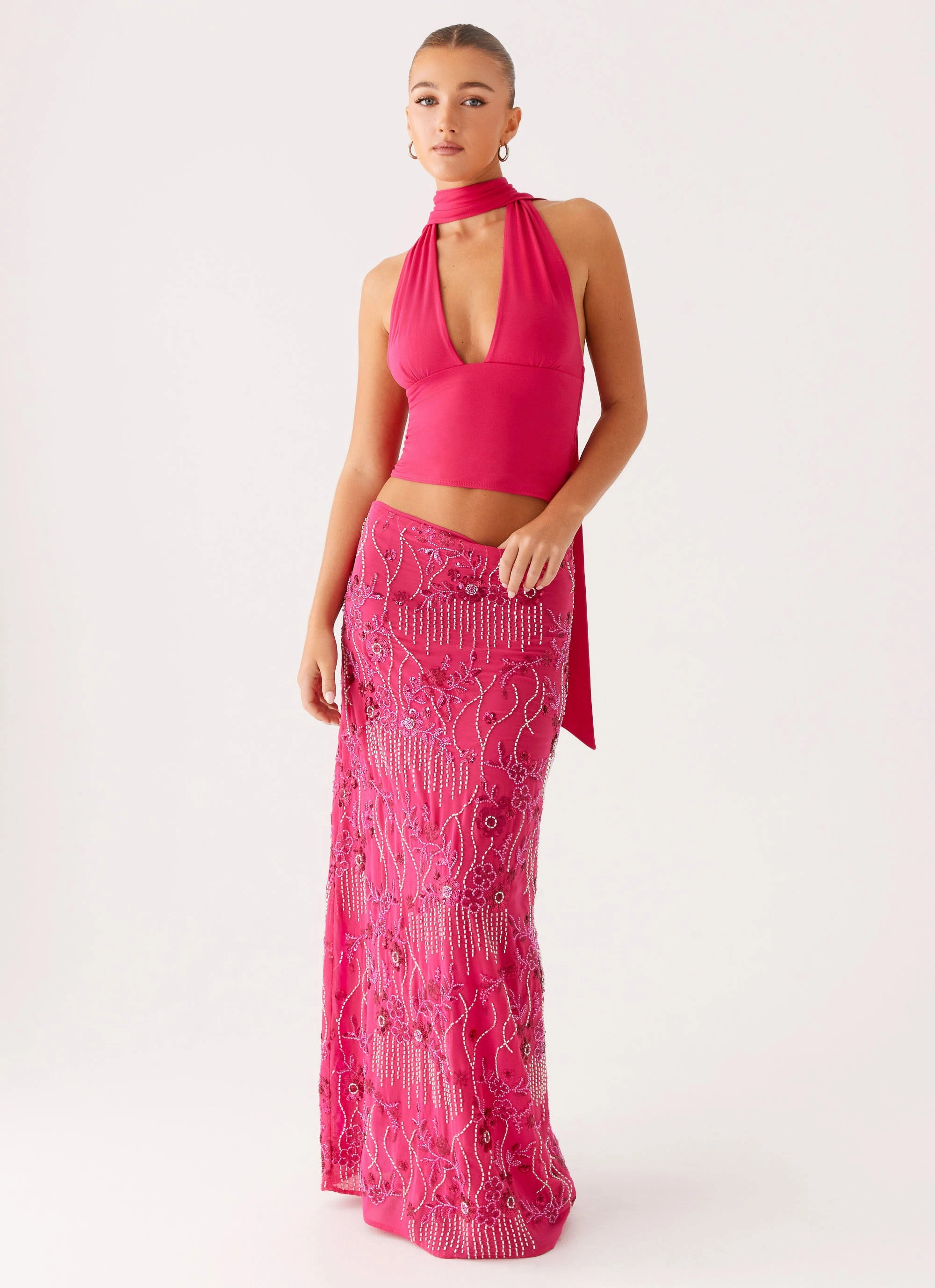 Corinna Low Rise Sequin Maxi Skirt - Fuchsia Breathable mesh lining